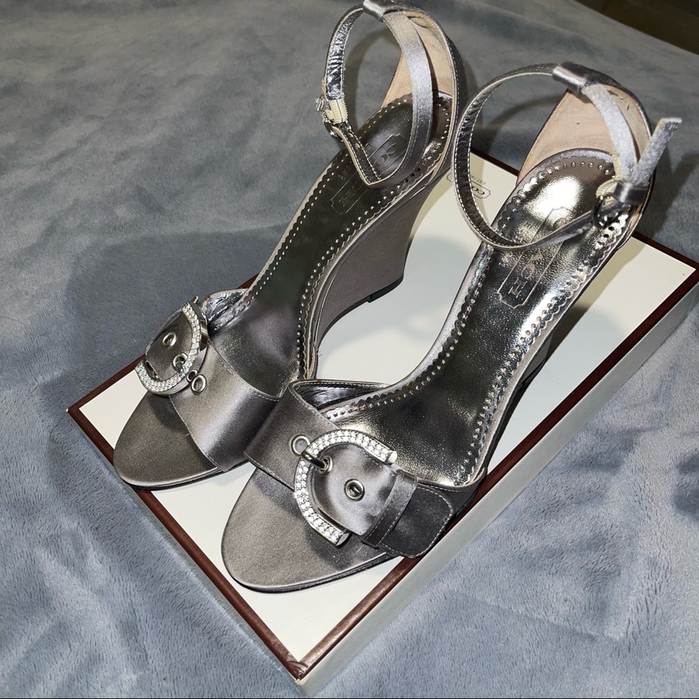 BRAND NEW Coach-Judy Satin, Size 7 Color-Silver, 3IN wedge heel with ankle strap